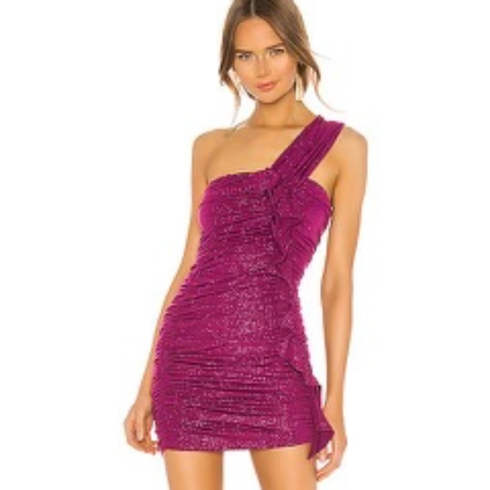 NWT REVOLVE x H:OURS Ambrosia Magenta Glitter One-shoulder Bodycon Mini Dress M